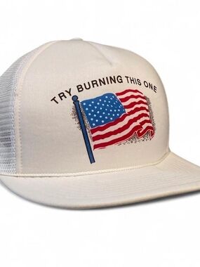 Vtg 80s Try Burning This One American Flag Rope Hat Trucker Snapback